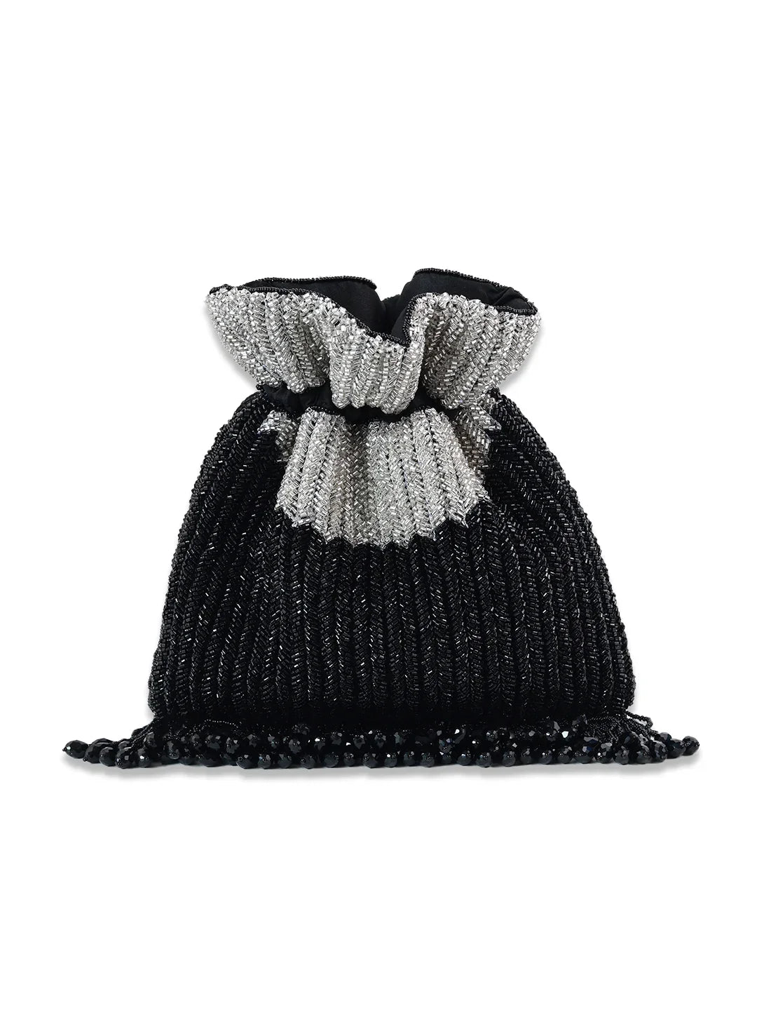 Black beaded drawstring bag with a silver bow on a white background