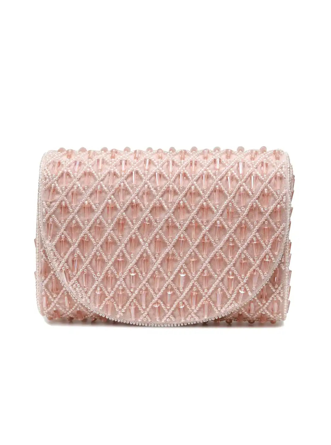 Pink clutch bag with lattice design on a white background