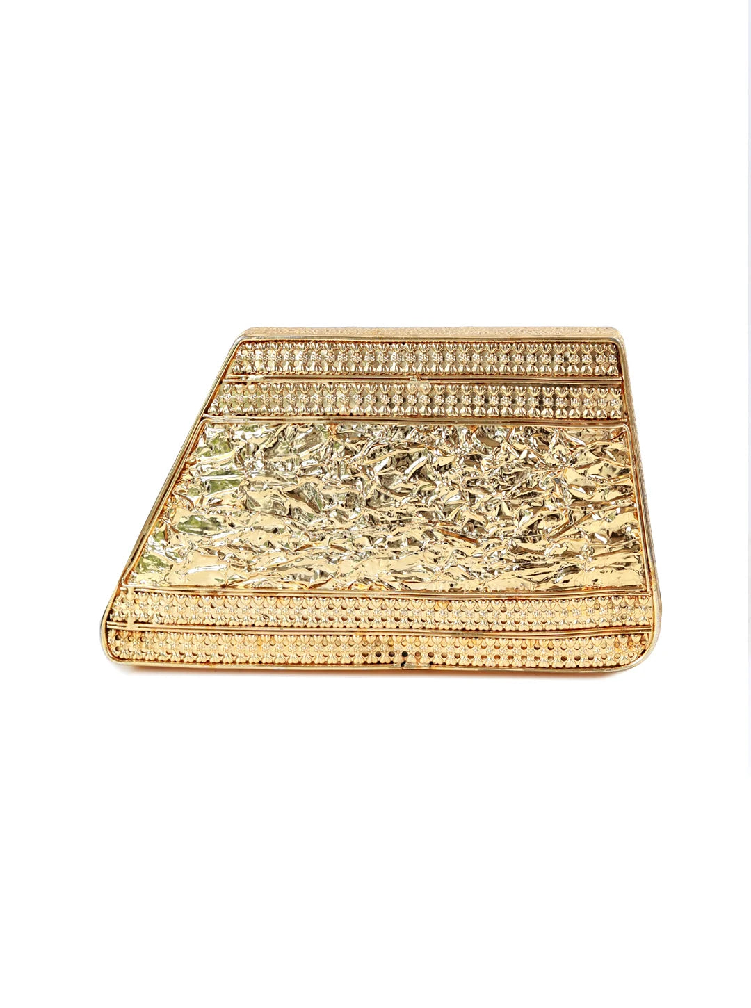 Gold clutch bag with intricate design on a white background