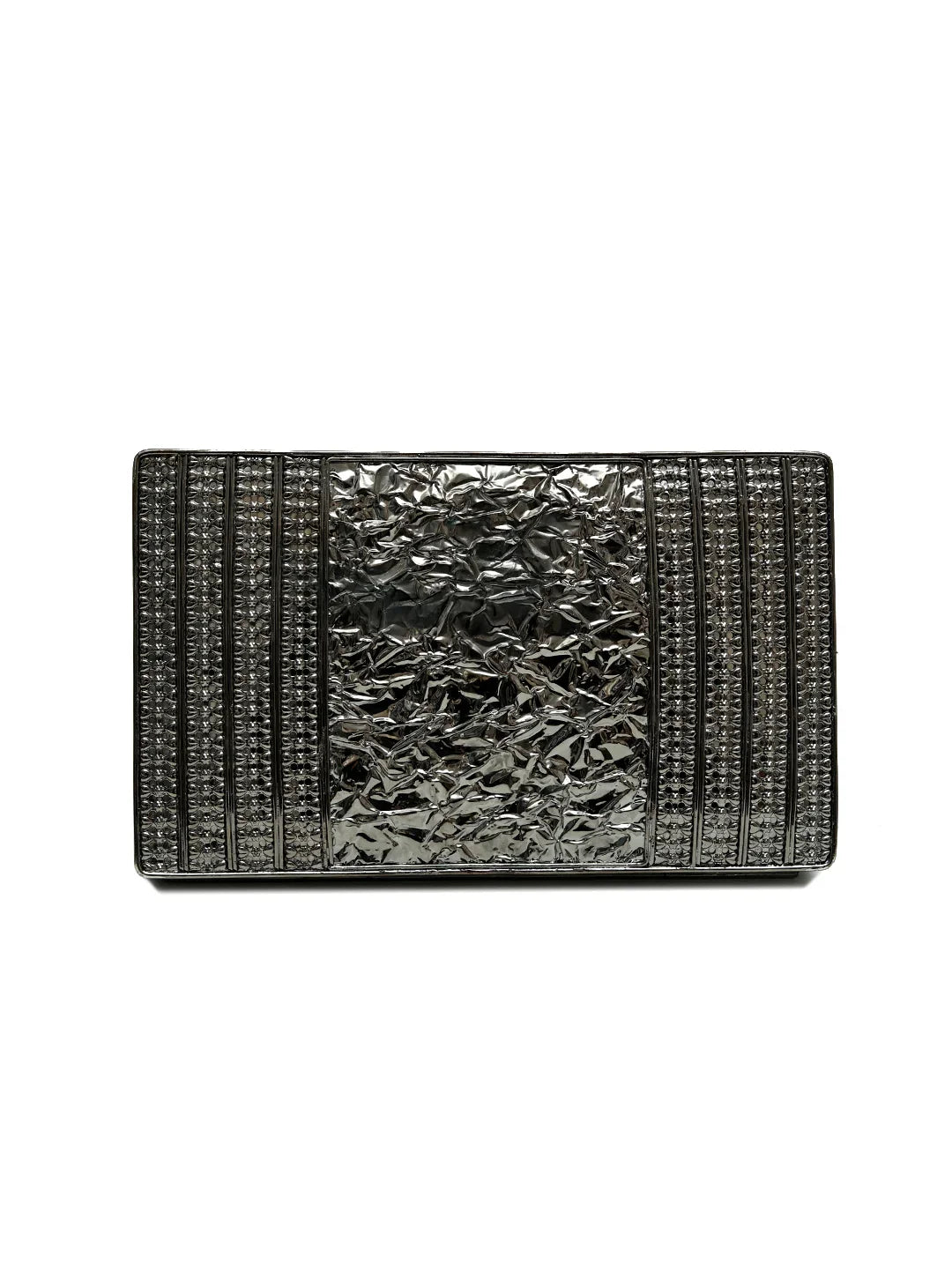 Black clutch with textured surface on a white background
