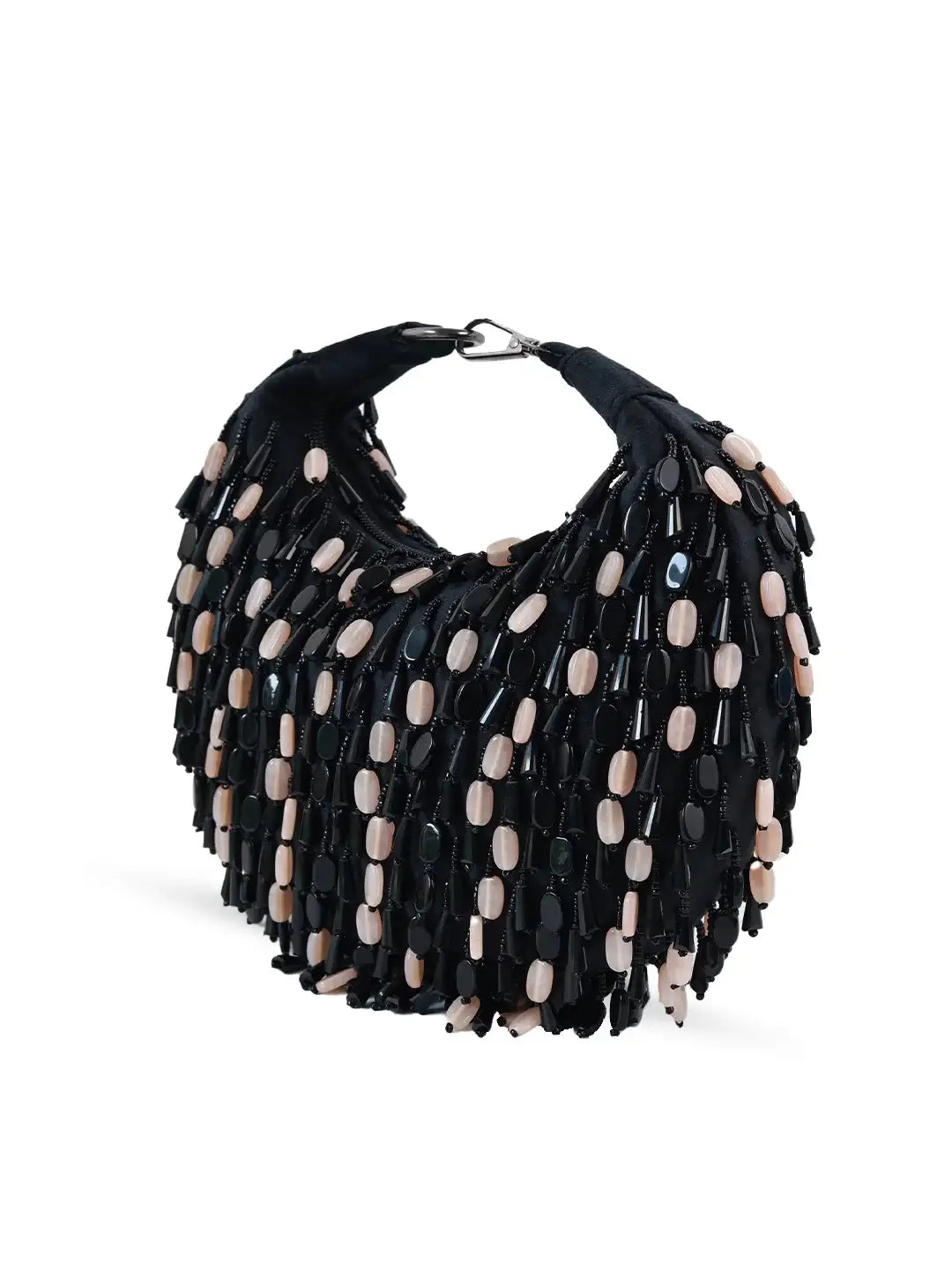Black handbag with beige beads on a white background
