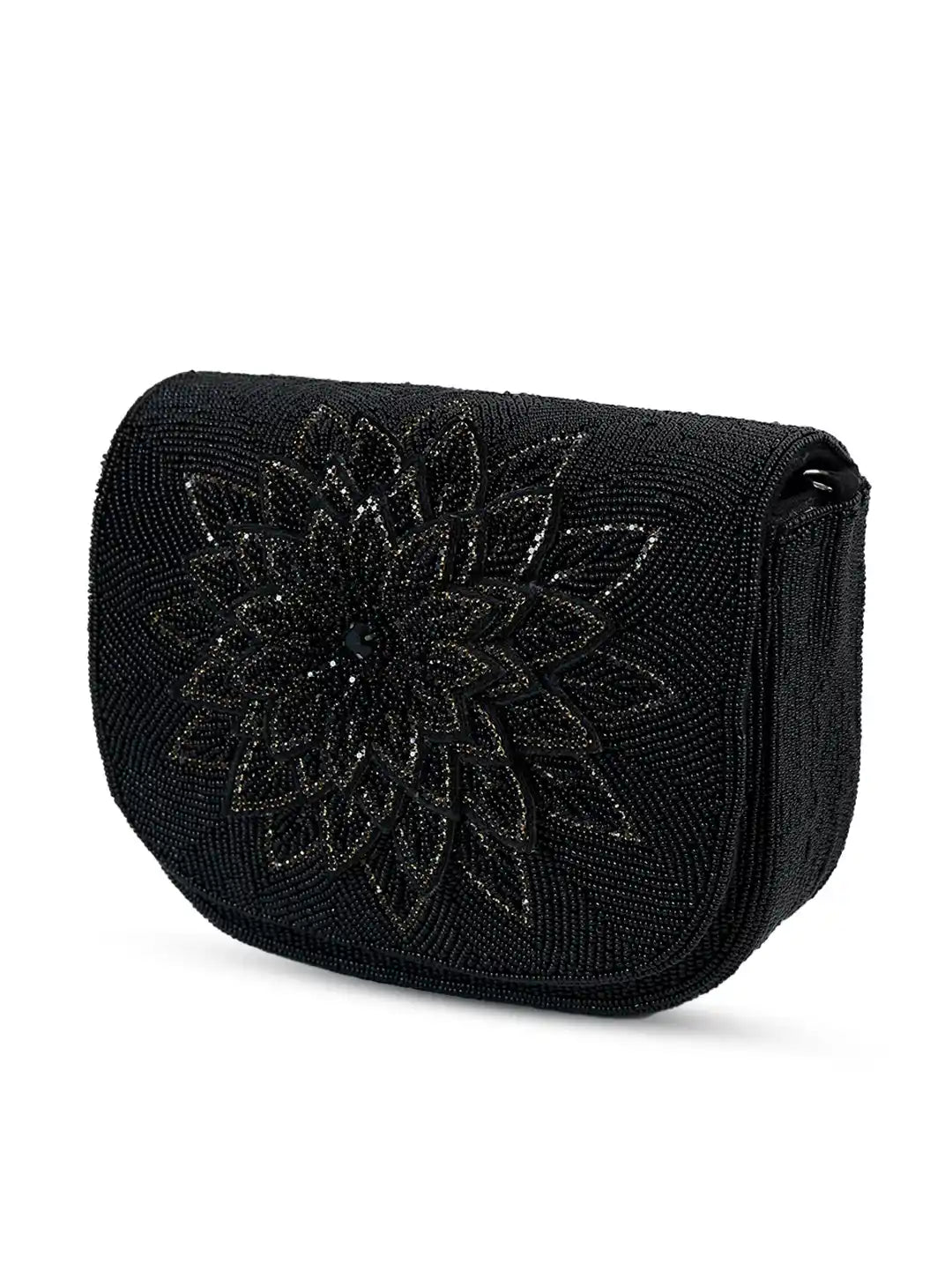 Black beaded clutch bag on a white background