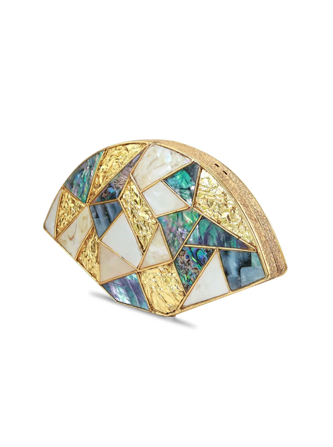 Geometric jewelry piece with gold and multicolored stones on a white background