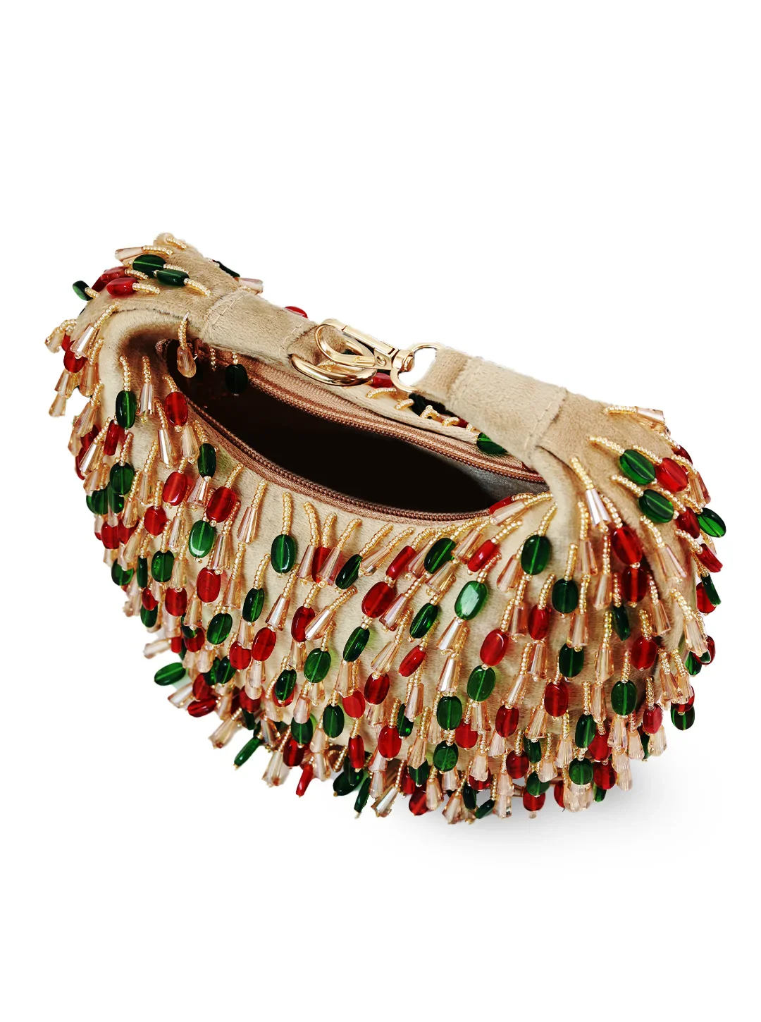 Beige handbag with colorful bead fringe on a white background