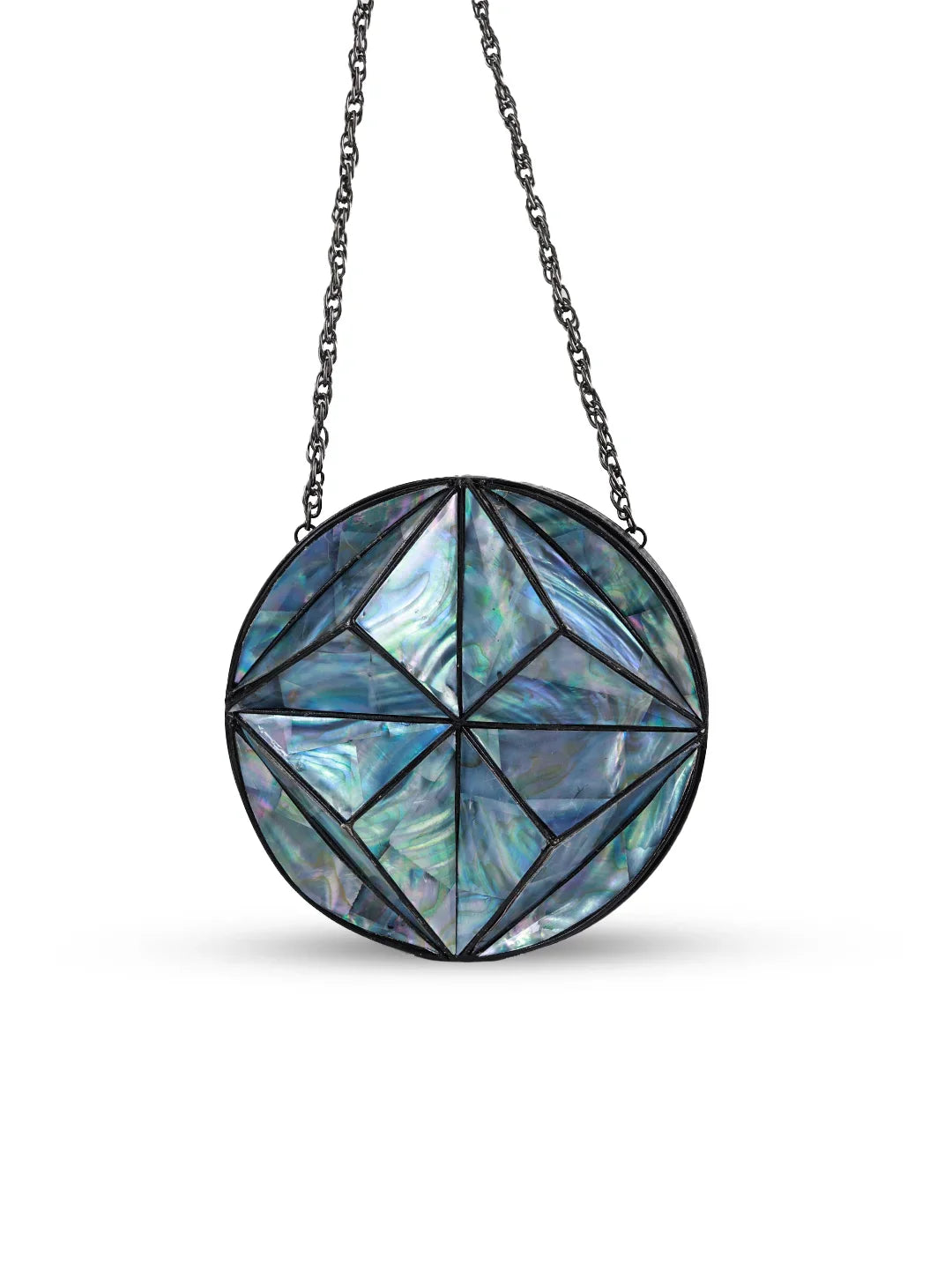 Geometric pendant necklace with a chain on a white background