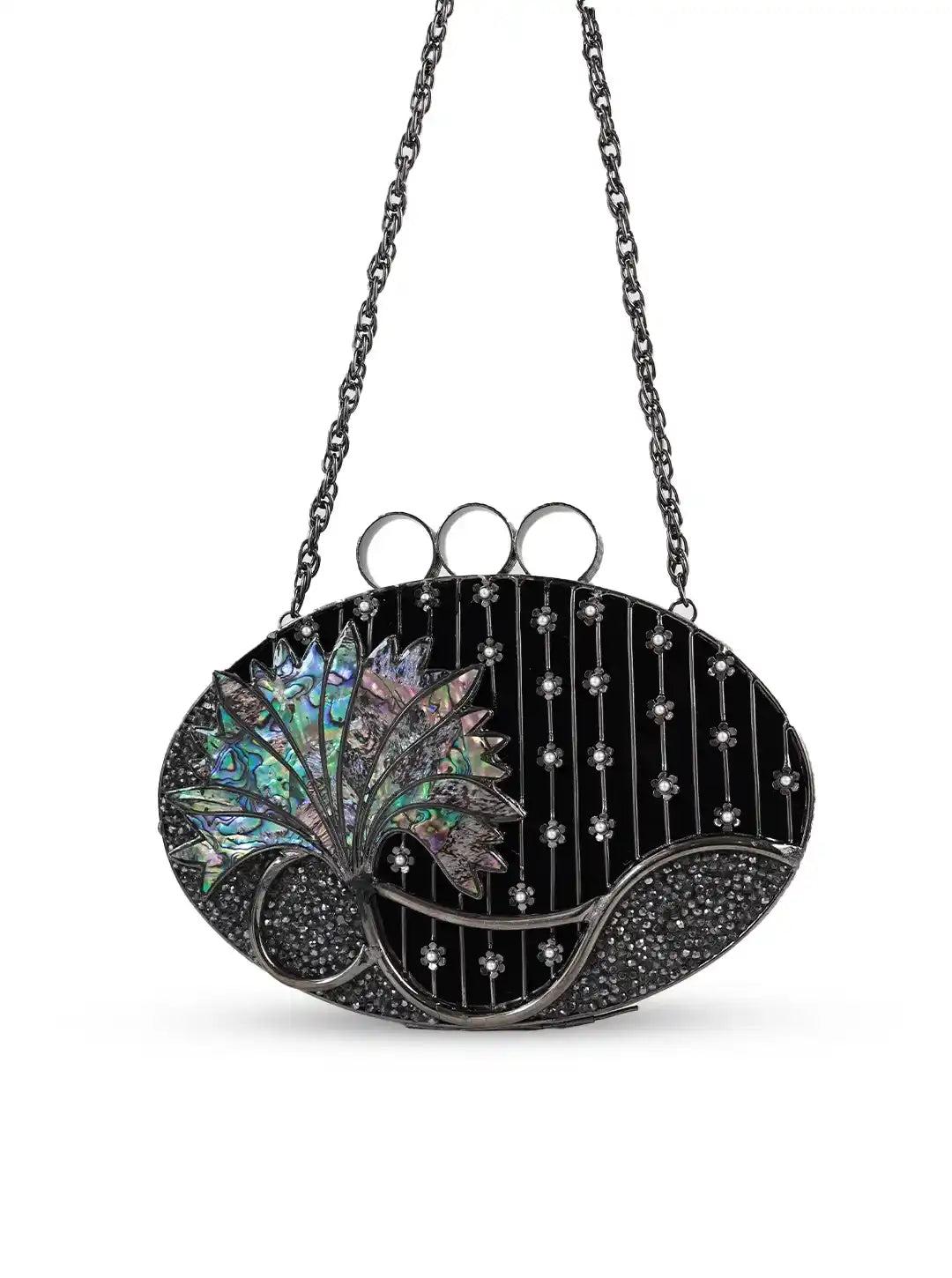 Decorative black handbag with floral design and chain strap on a white background