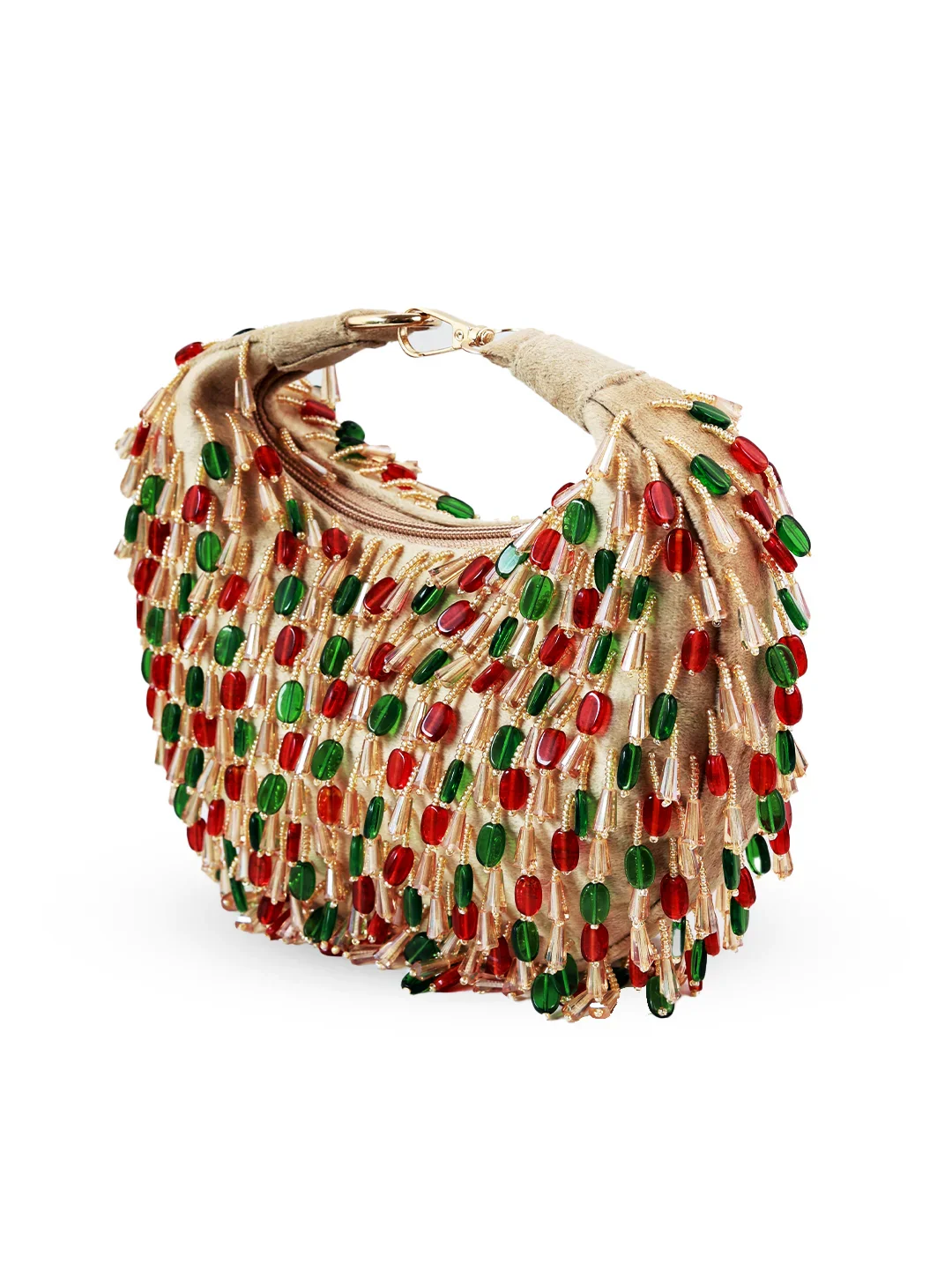 Beaded handbag with red and green accents on a white background