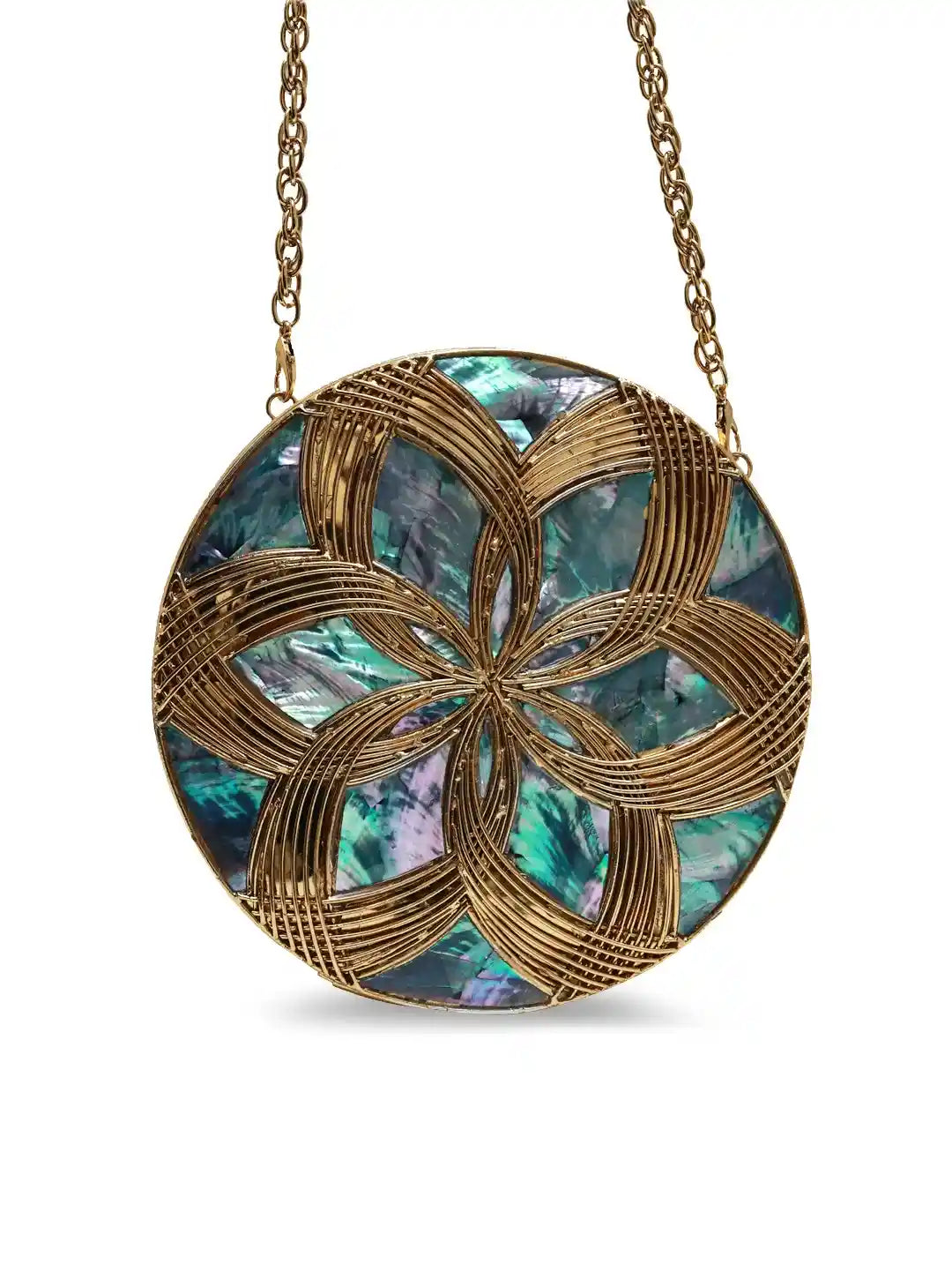 Round decorative item with gold wirework and multicolored center on a white background