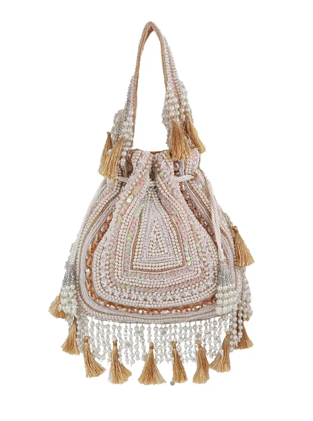 Beaded handbag with tassels on a white background
