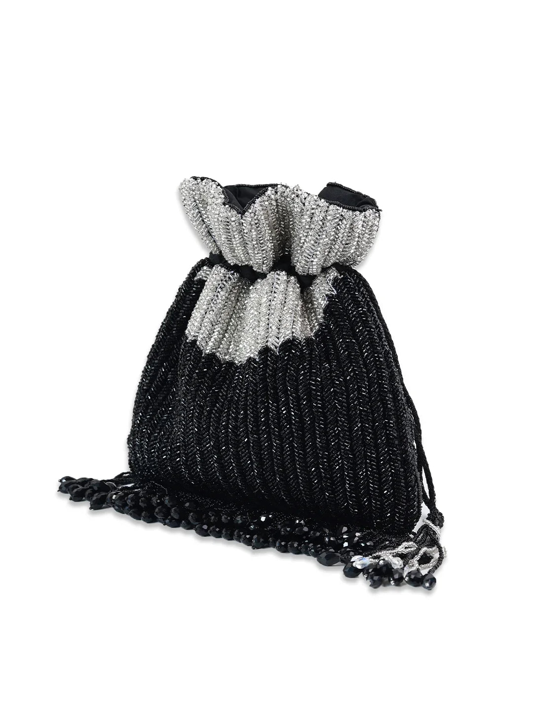 Black beaded drawstring bag with a decorative top on a white background