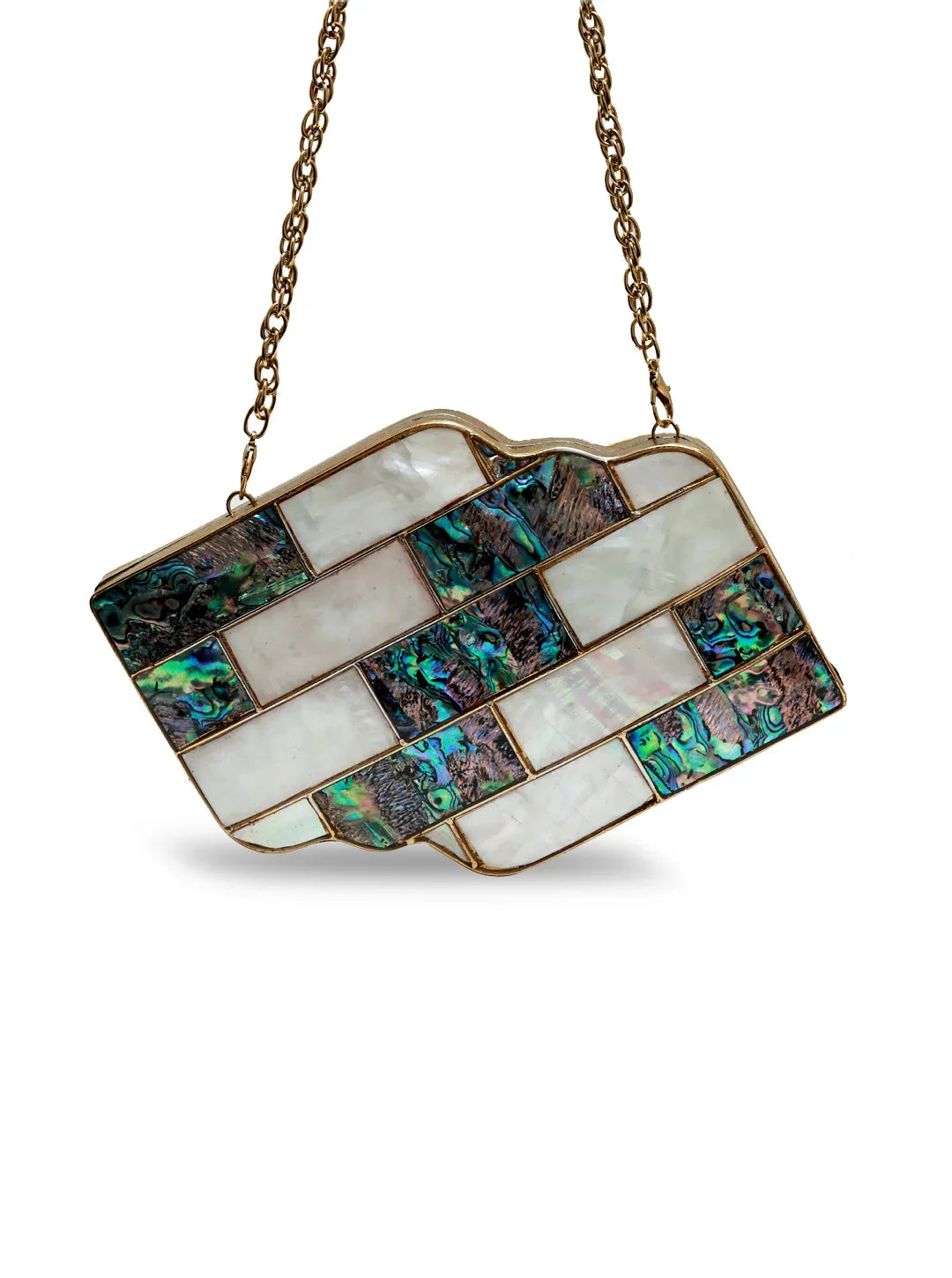Mosaic pendant with multicolored stones on a chain against a white background
