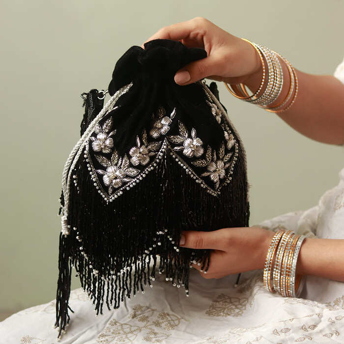 Keisha Black Tassle Potli with Handle