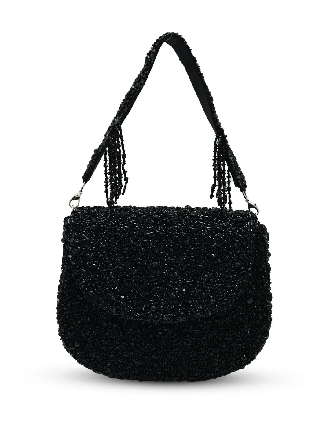 Black textured handbag with tassels on a white background