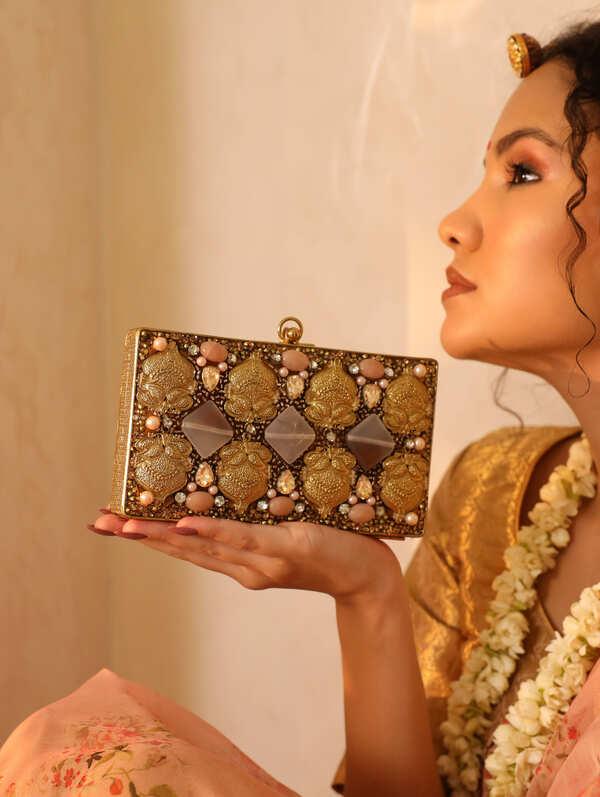 Arya Embellished Brass Clutch