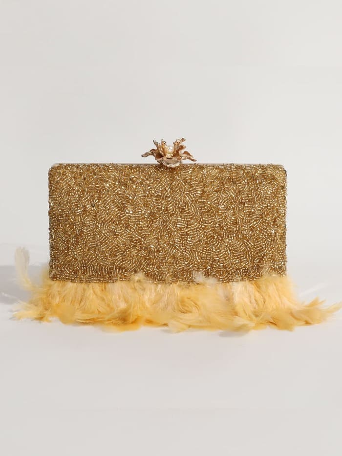 Daina Peach Hand Embroidered Feather Clutch
