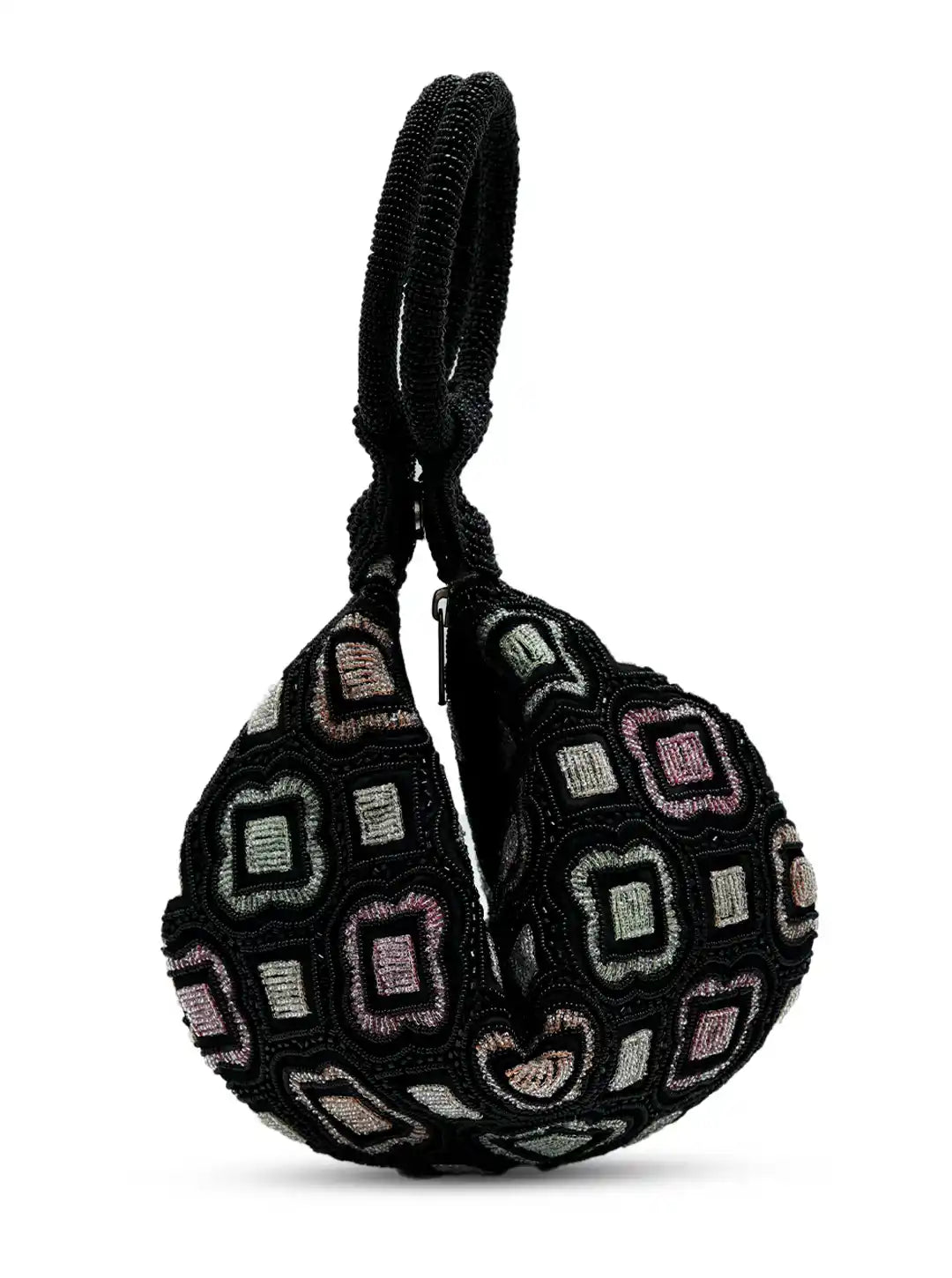 Black textured keychain with geometric pattern on a white background