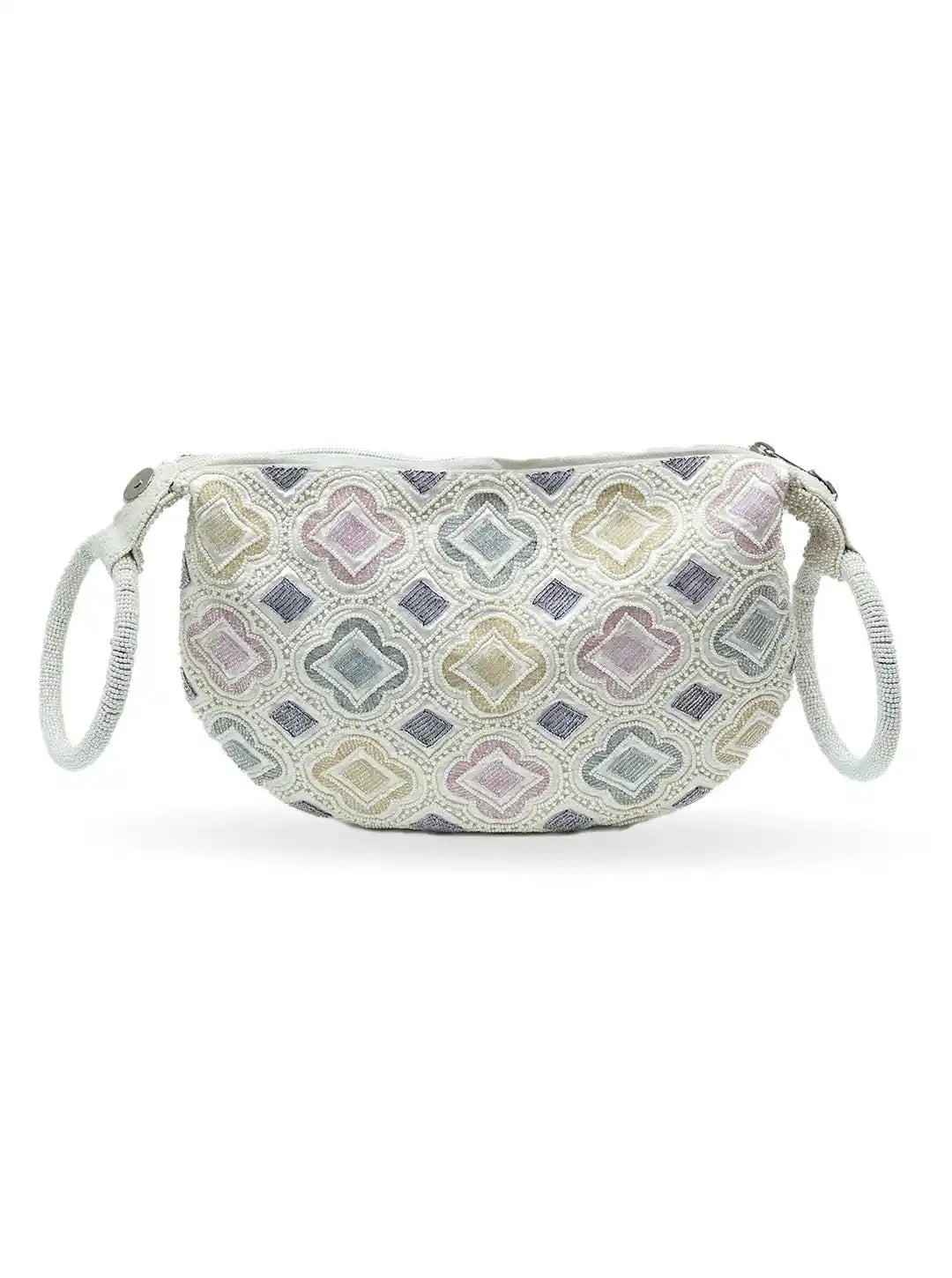 Patterned pouch with a strap on a white background