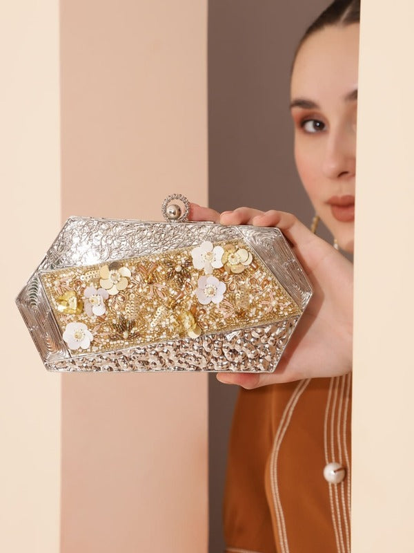 Fatima Gold Embellished Brass Clutch