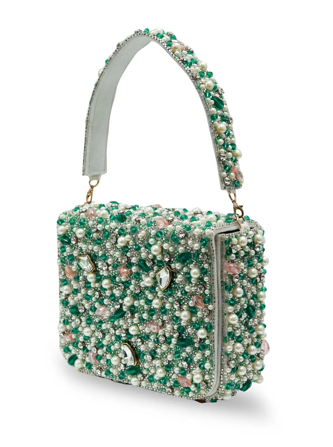 Elegant handbag with green and white pearl embellishments on a white background