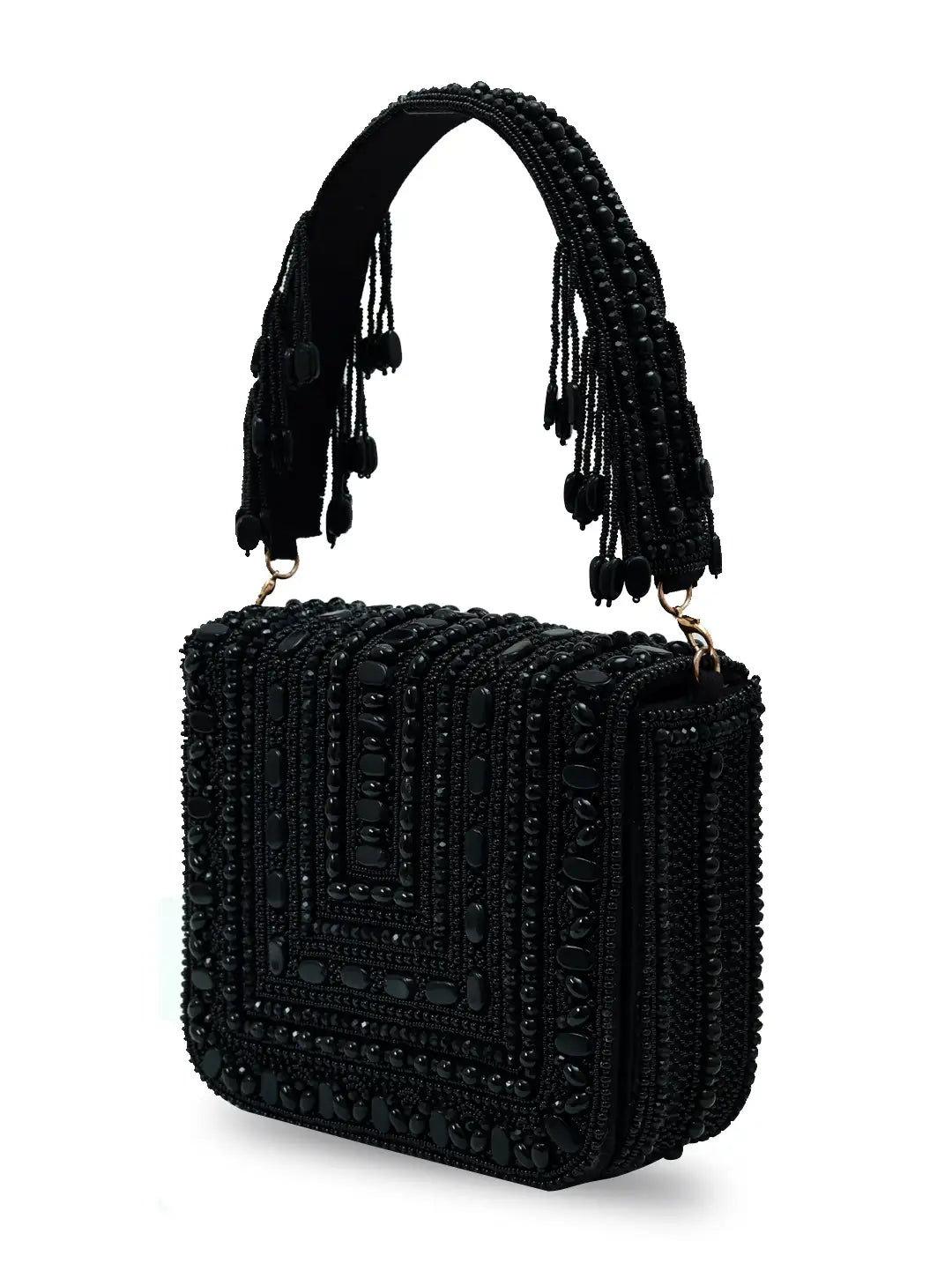 Black beaded handbag with tassels on a white background