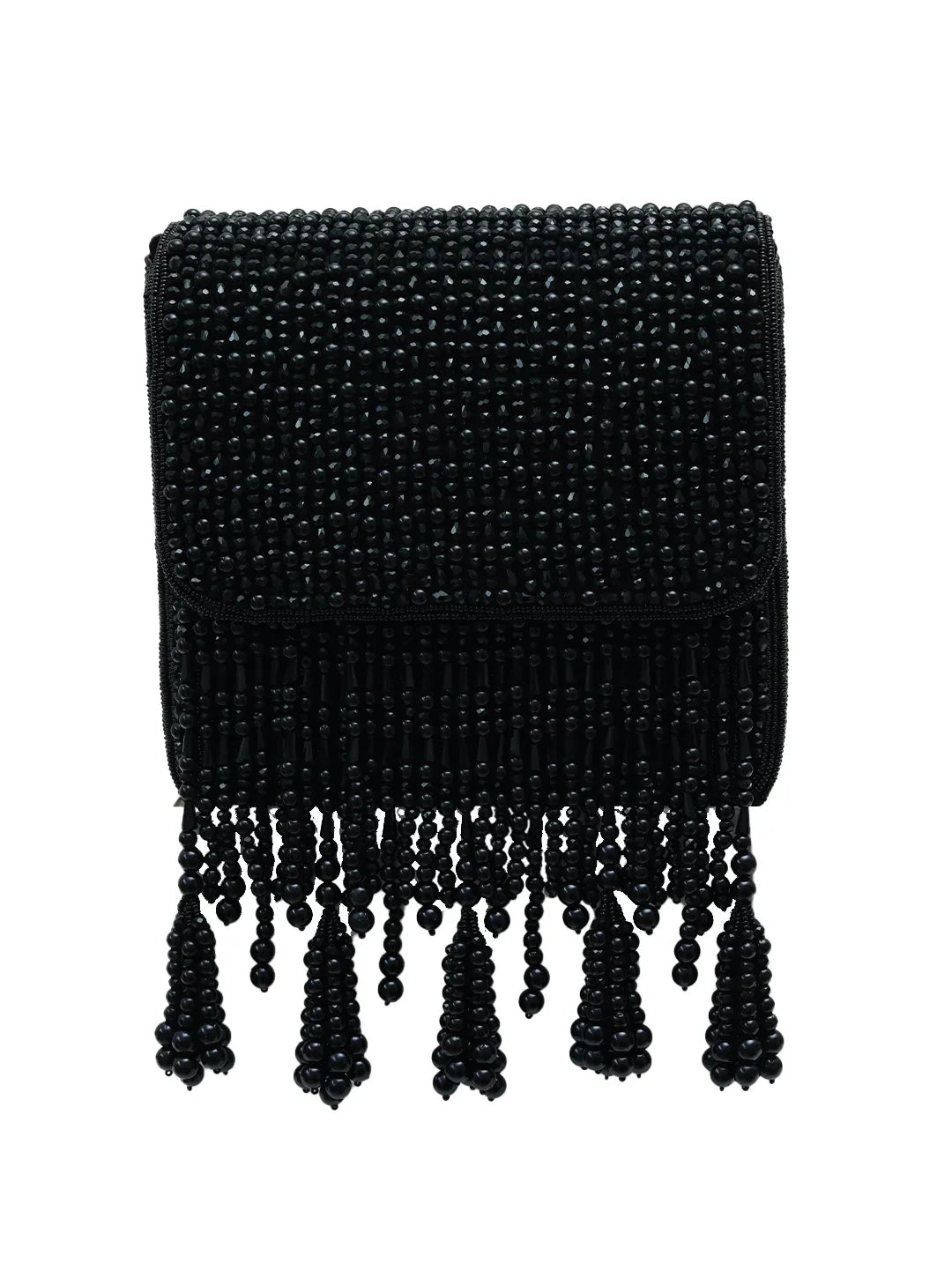 Black beaded clutch with tassels on a white background