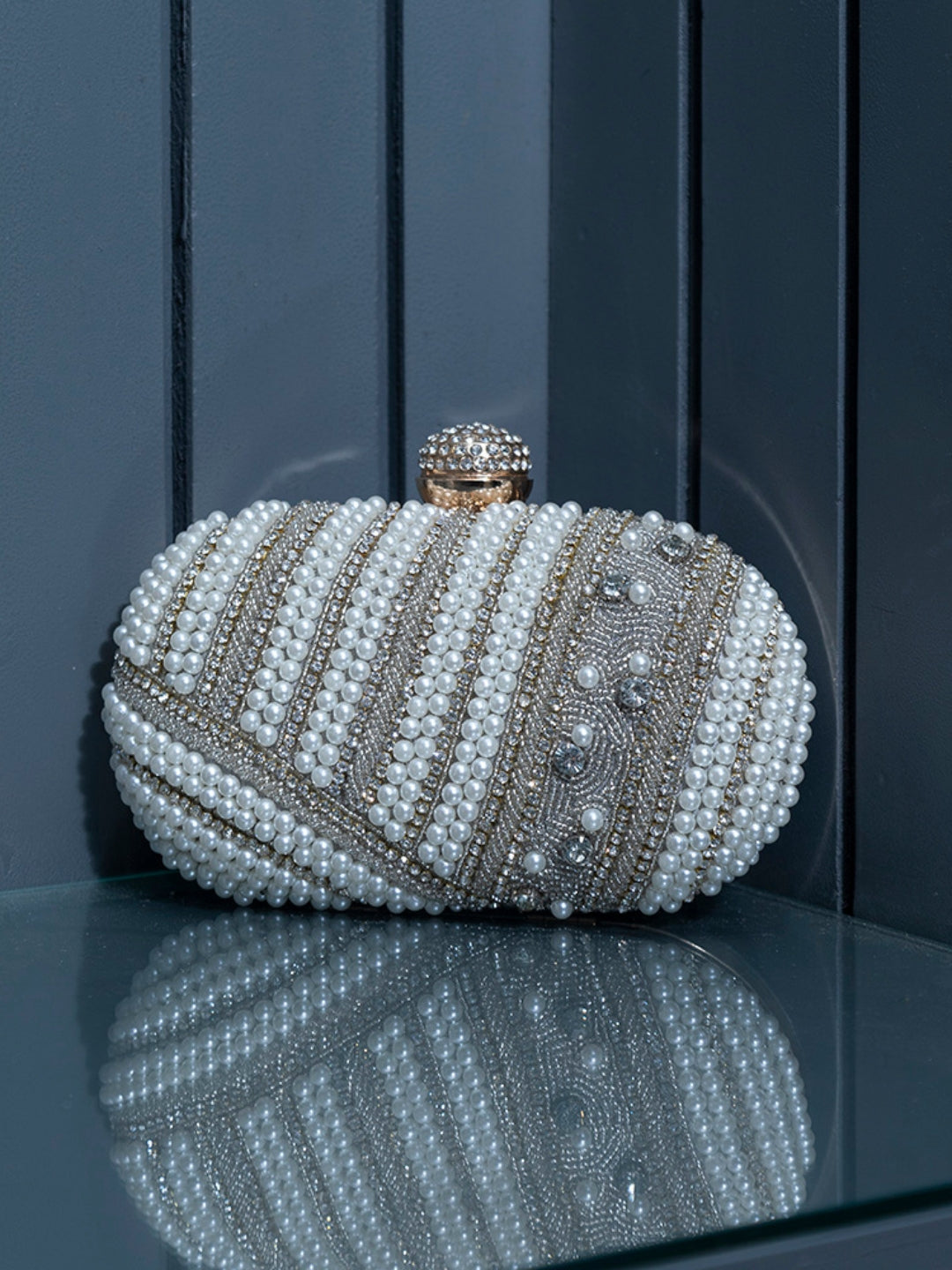 Rabia Silver Hand Embroidered Pearl Clutch