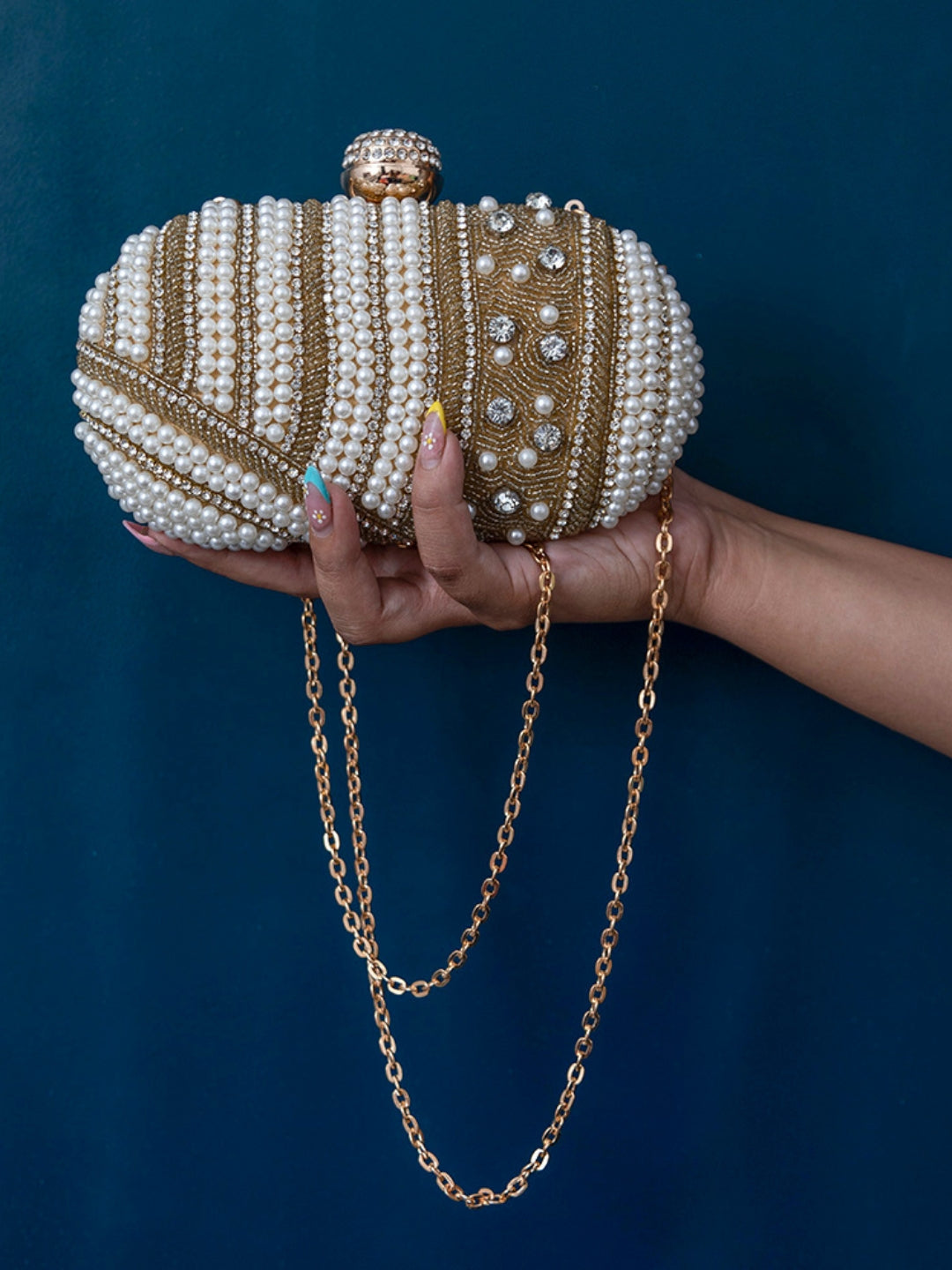 Rabia Silver Hand Embroidered Pearl Clutch