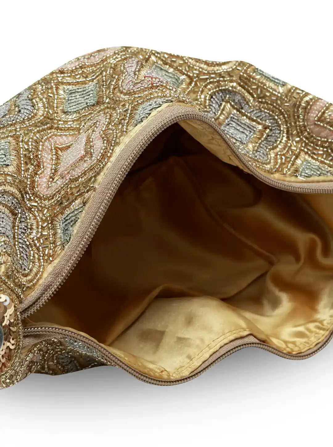 Gold embroidered clutch bag on a white background