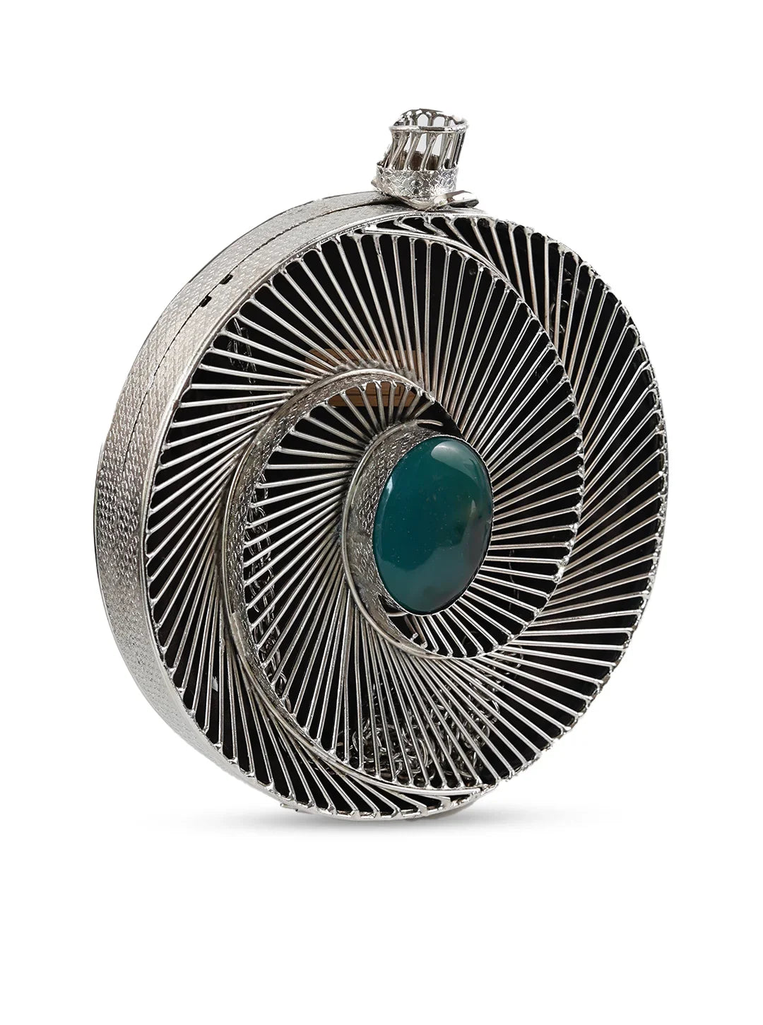 Decorative object resembling a vintage fan with a central green gem on a white background