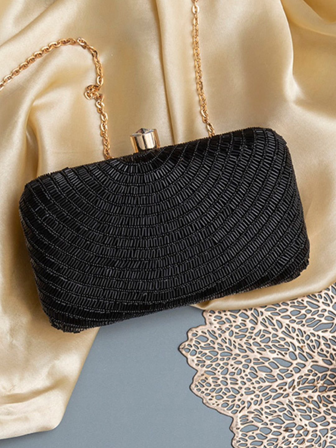 Glitz Black Hand Embroidered Party Clutch