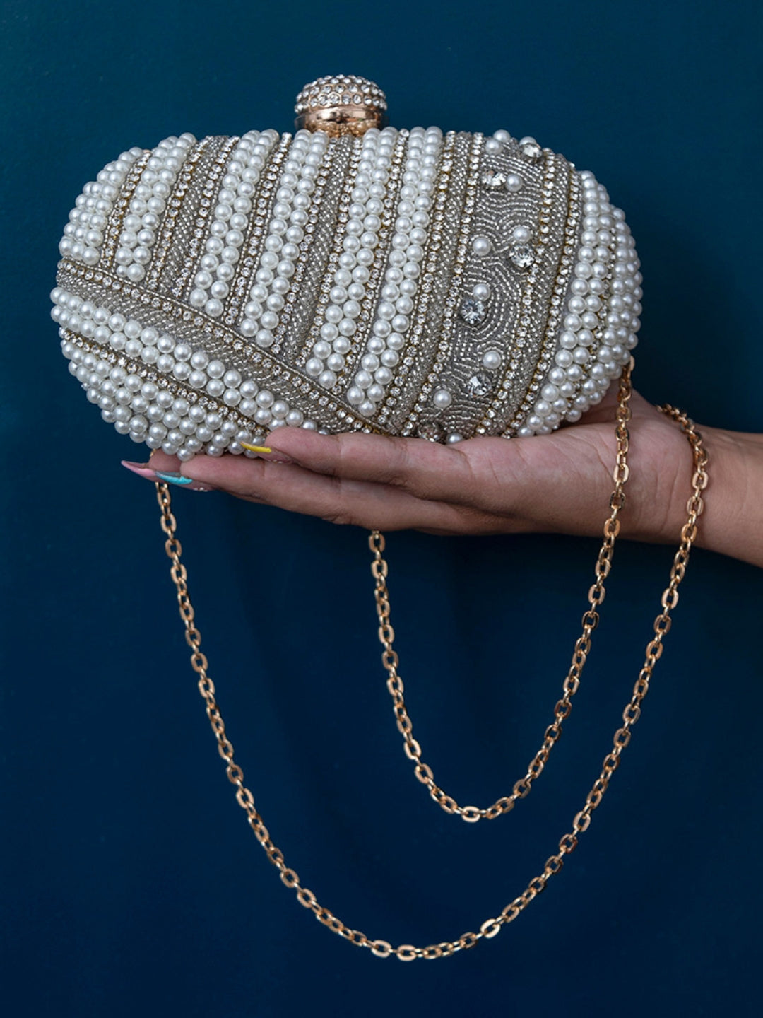 Rabia Silver Hand Embroidered Pearl Clutch