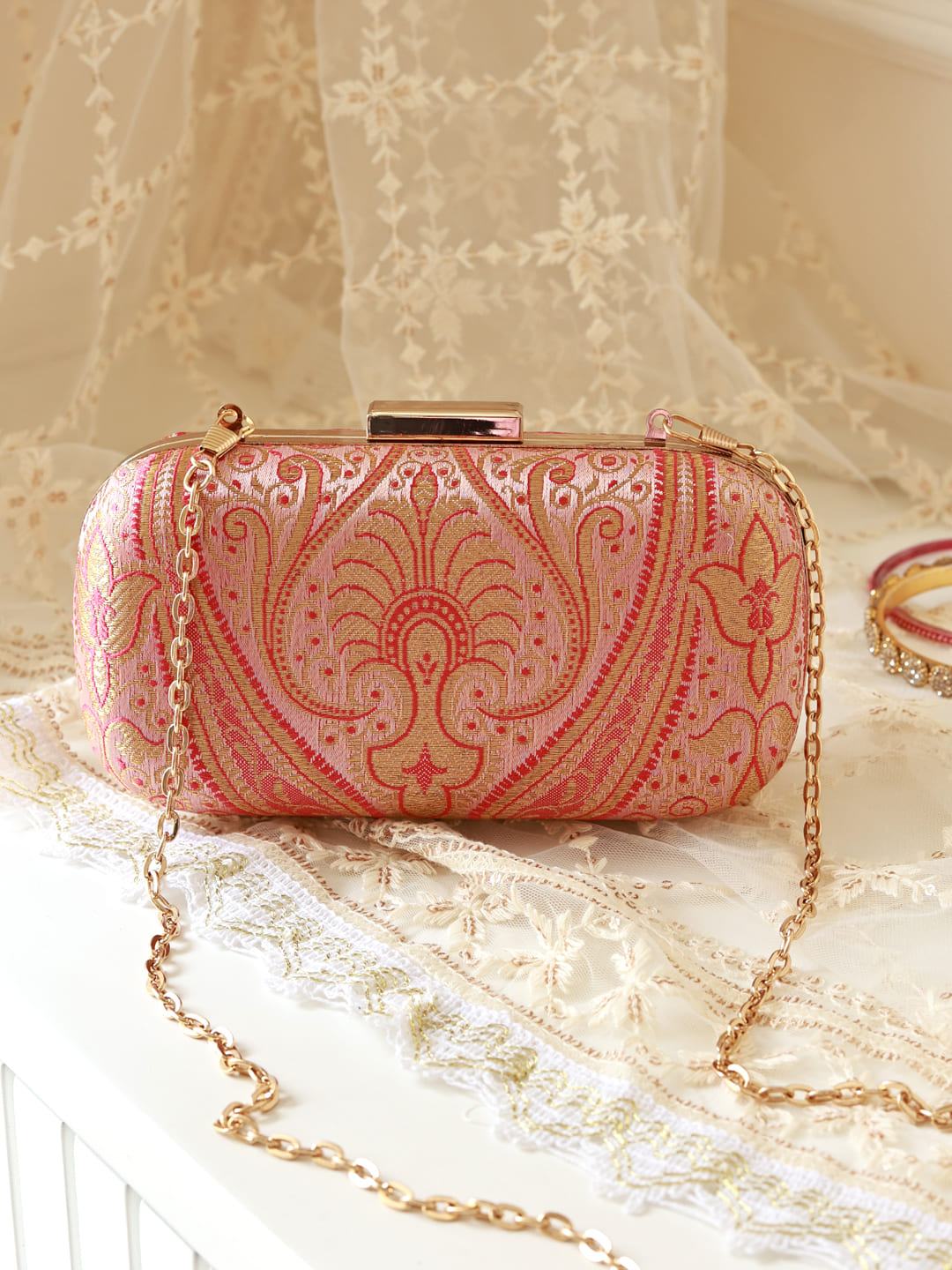 Elora Banarasi Pink Long Clutch