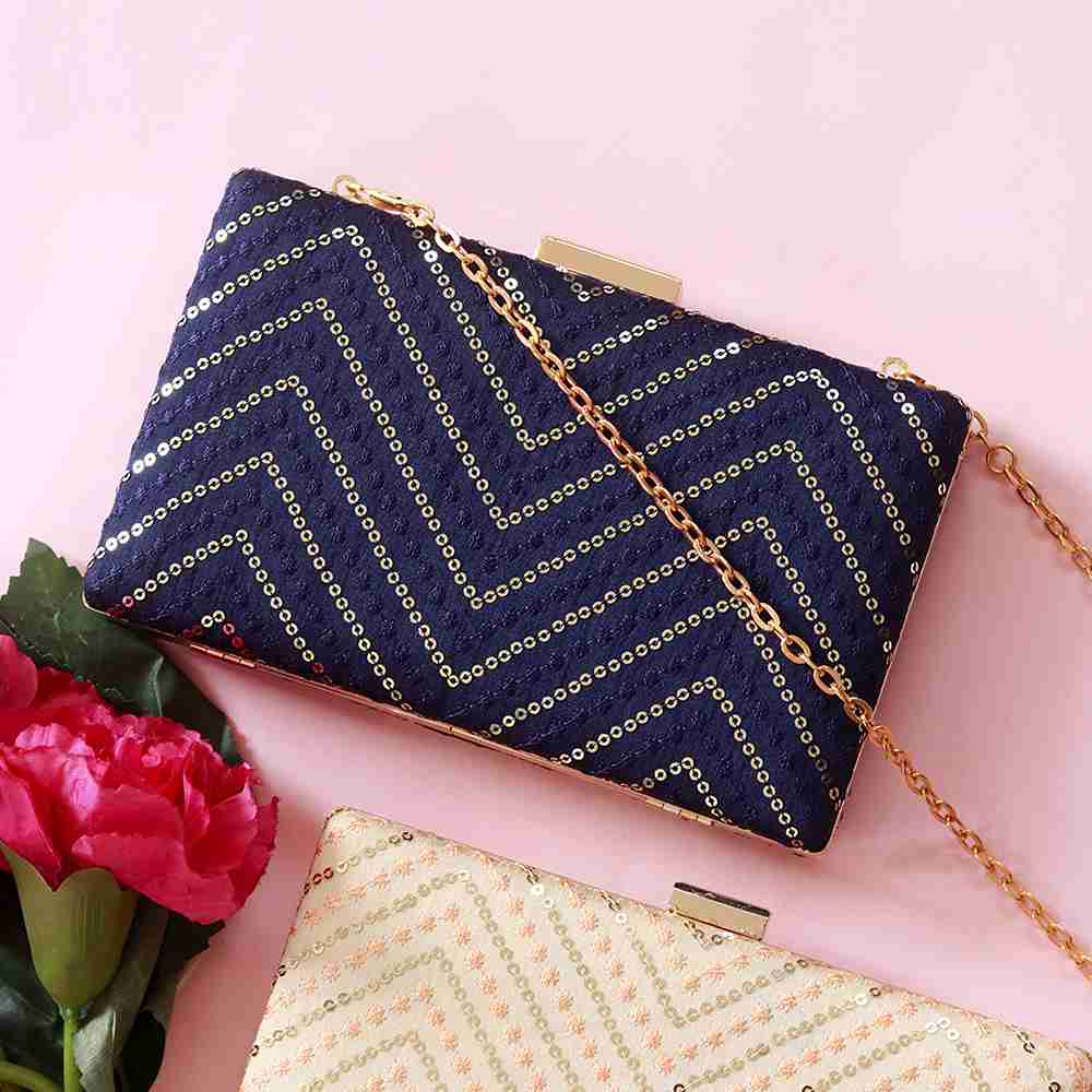 Mehak Blue Zig Zag Sequins Embroidered Clutch