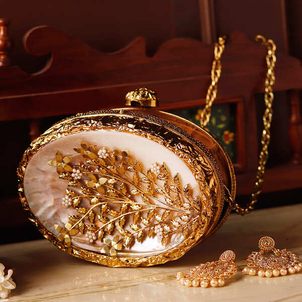 Noor Golden Brass Mother of Pearl Clutch