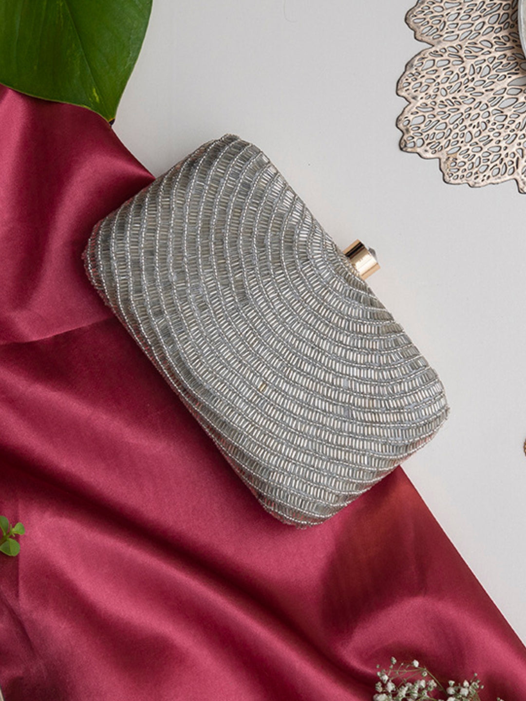 Glitz Silver Hand Embroidered Party Clutch