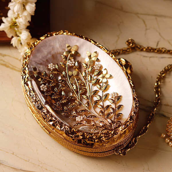 Noor Golden Brass Mother of Pearl Clutch