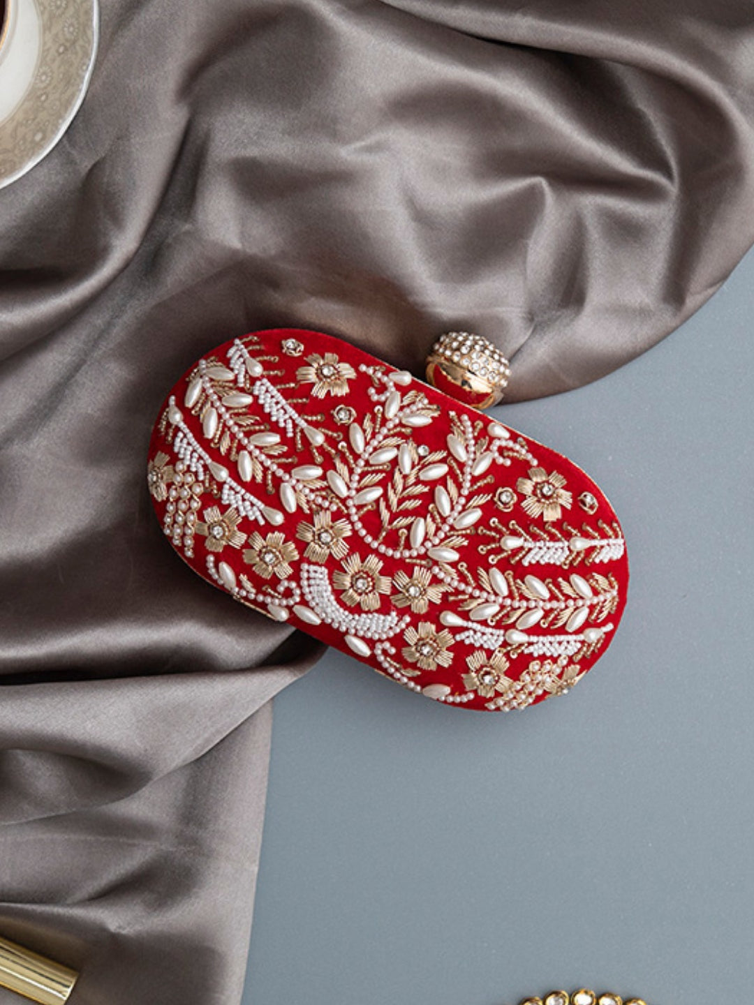 Elizah Red Zardozi Hand Embroidered Clutch