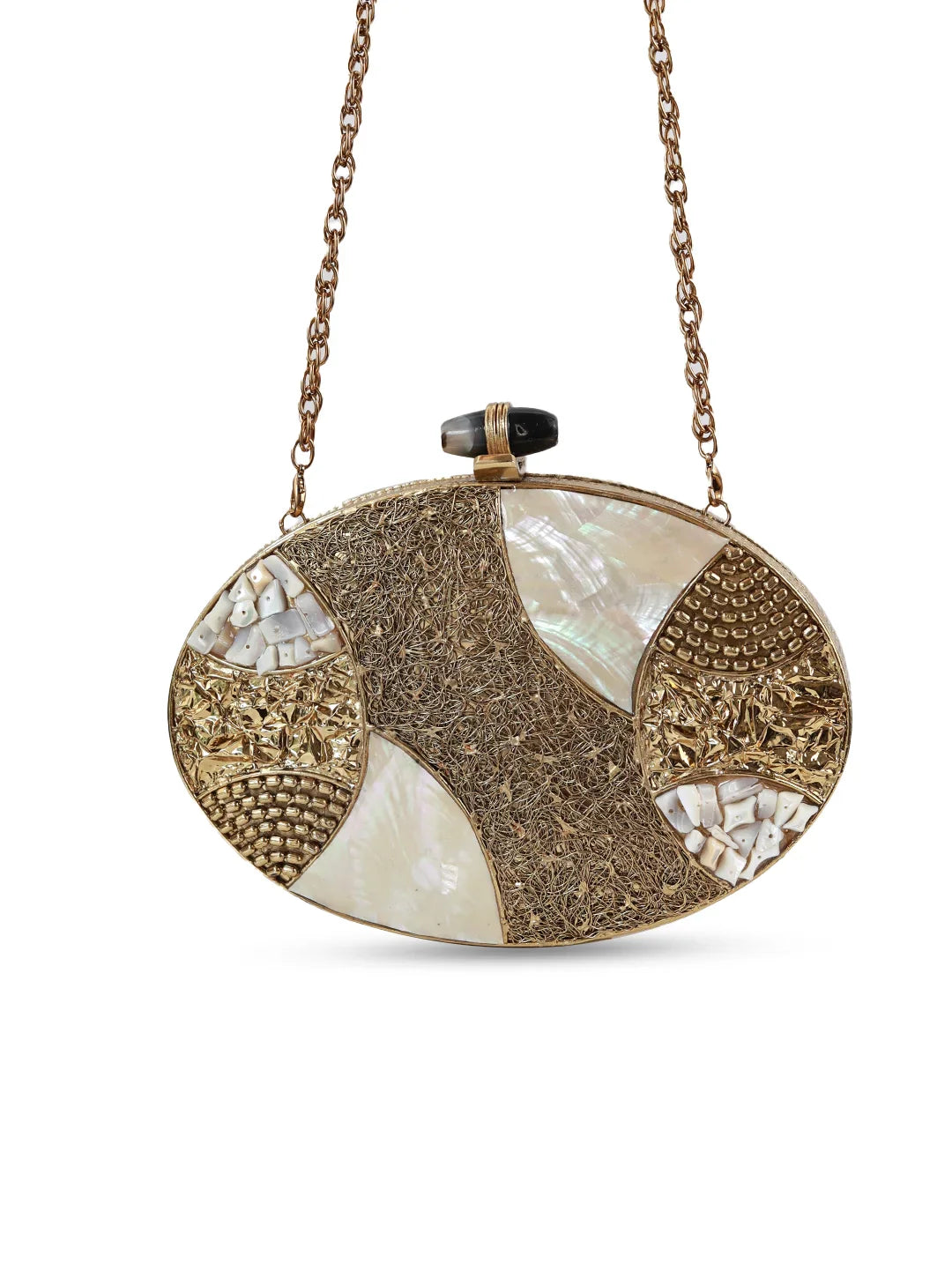 Decorative clutch bag with intricate patterns on a white background