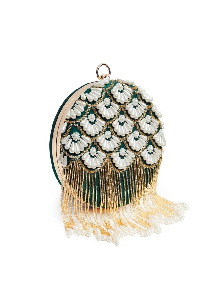 Irsa Round Hand Embroidered Clutch with Tassles