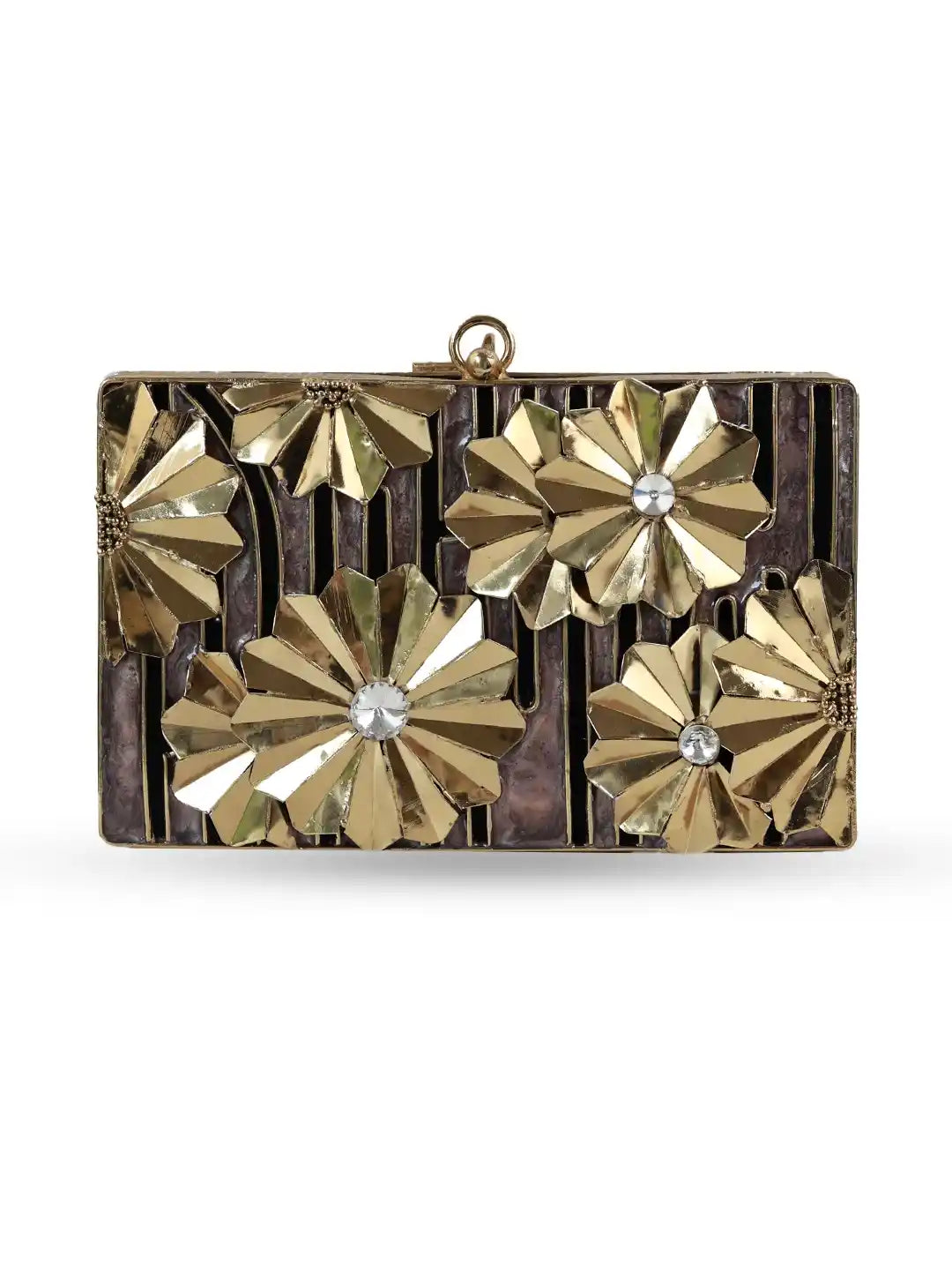 Gold floral design clutch bag on a white background