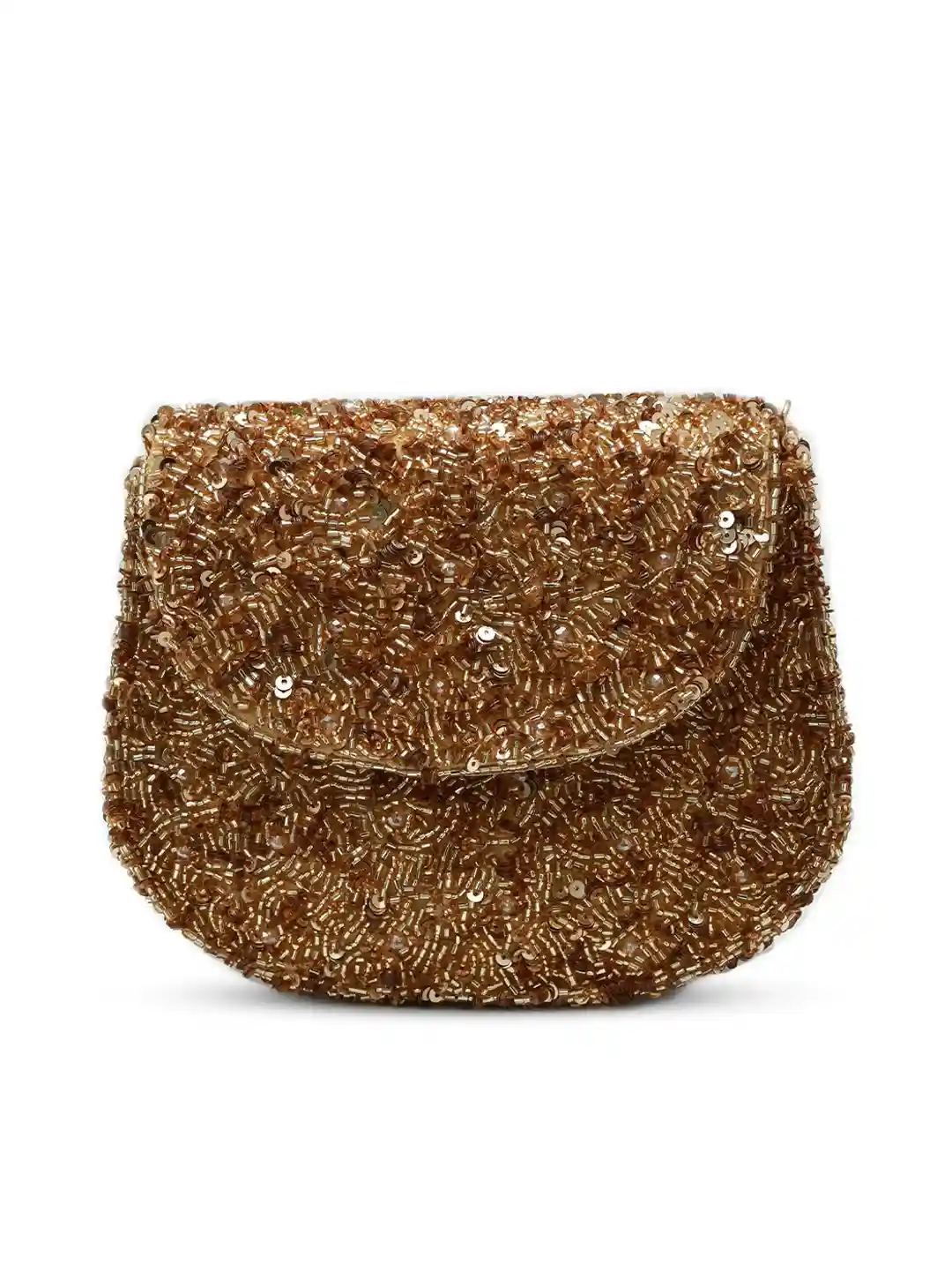 Gold sequin handbag on a white background