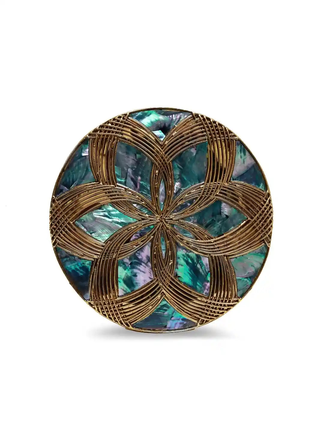 Decorative plate with gold woven design and multicolored center on a white background