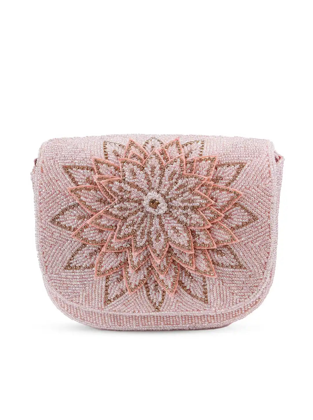 Pink beaded handbag with floral design on a white background