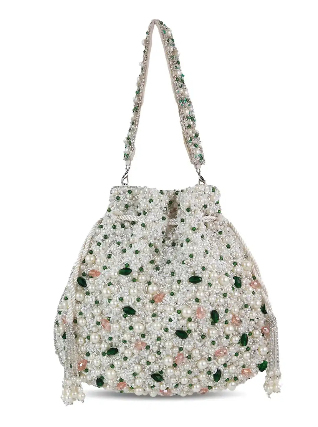 Handbag with pearl and gemstone embellishments on a white background