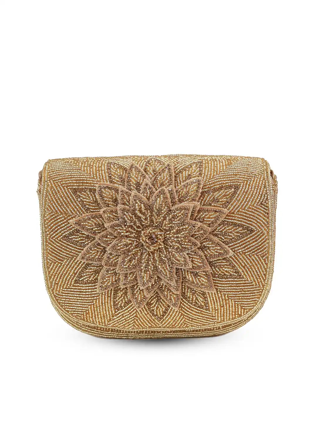 Beaded clutch bag with floral pattern on a white background