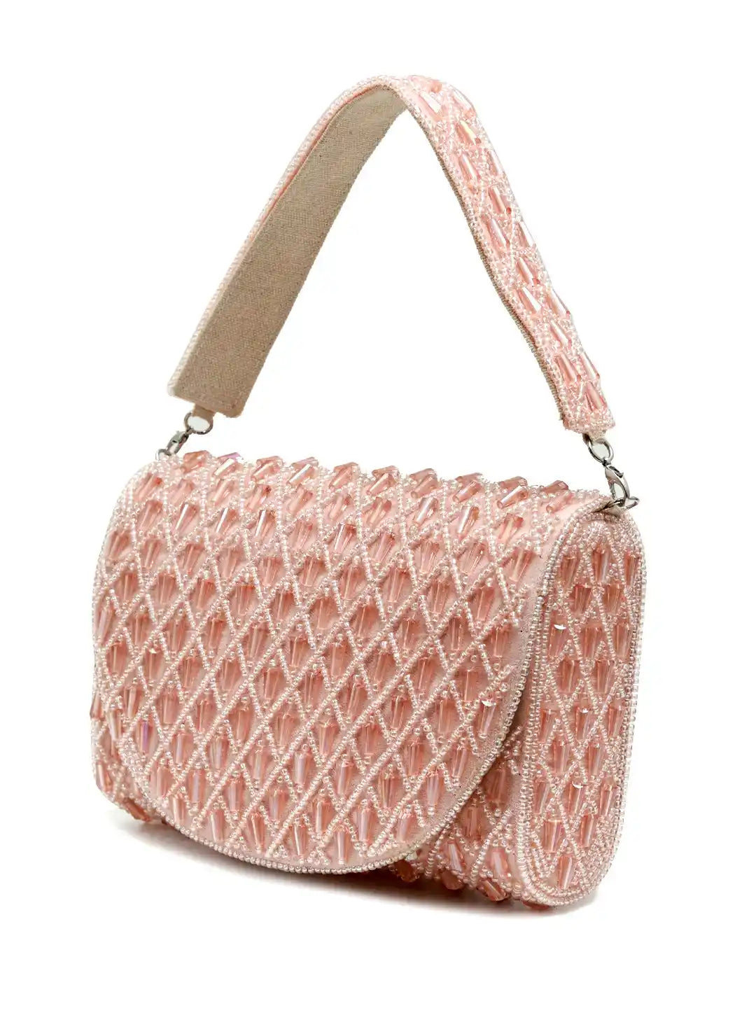 Pink woven handbag with a handle on a white background