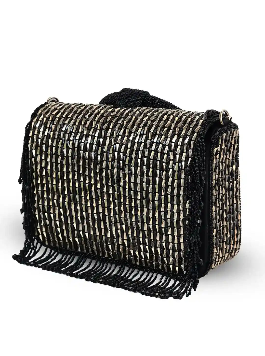 Black and white woven handbag with fringes on a white background