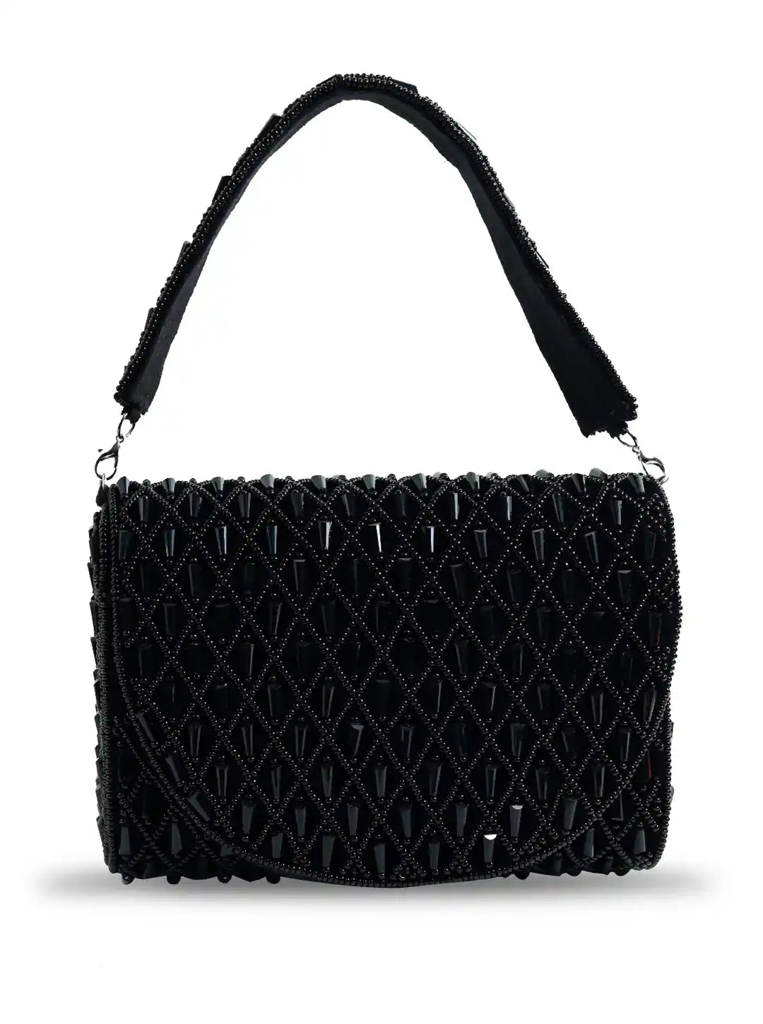 Black textured handbag on a white background