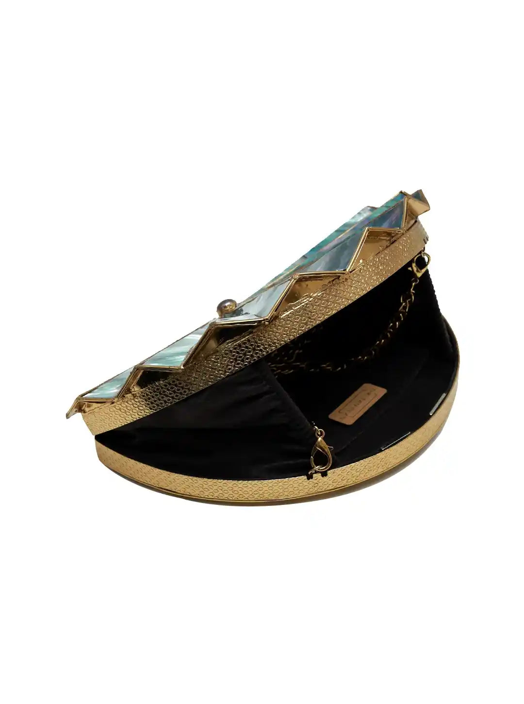 Gold and black clutch with geometric design on a white background