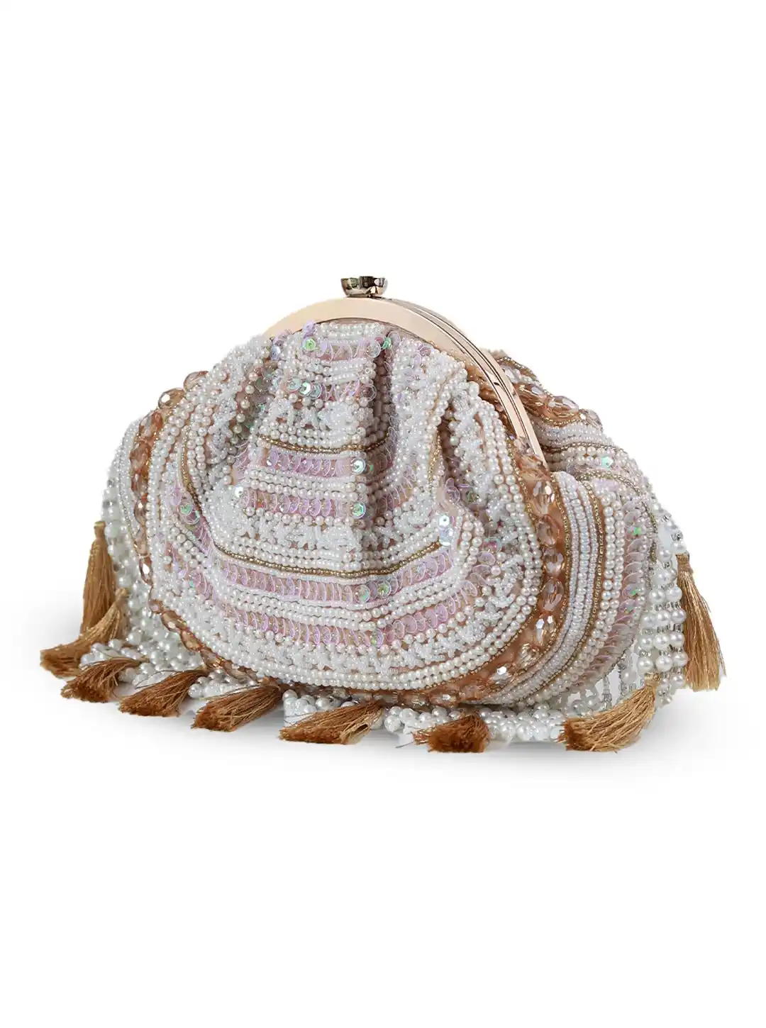 Decorative clutch bag with beaded design on a white background